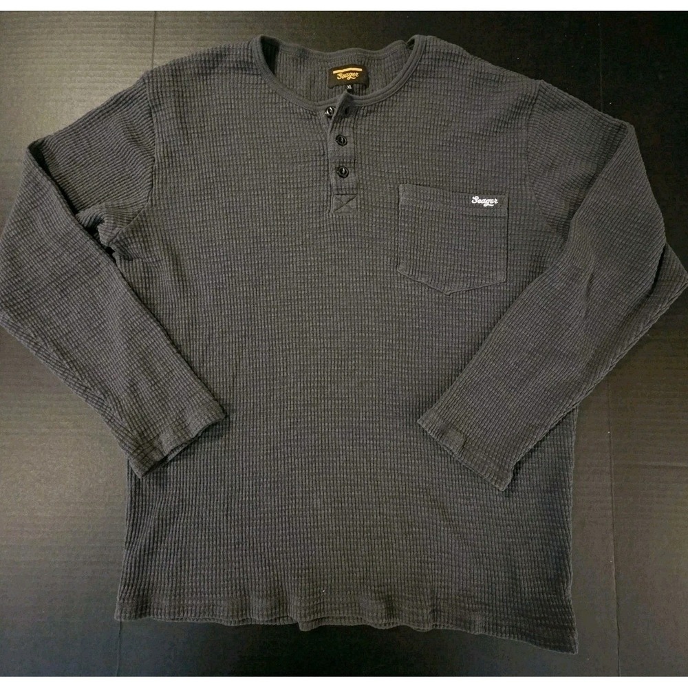 Seager Sawpit Henley LS Thermal Waffle Knit Cotton Pocket Shirt Black/Gray XL